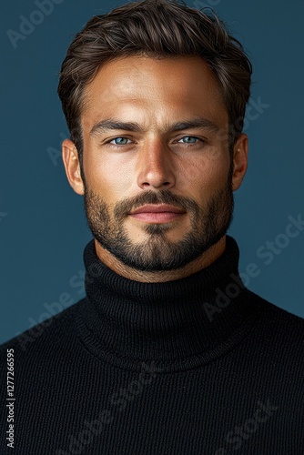 Confident young man with beard and striking blue eyes poses against a dark background wearing a black turtleneck sweater