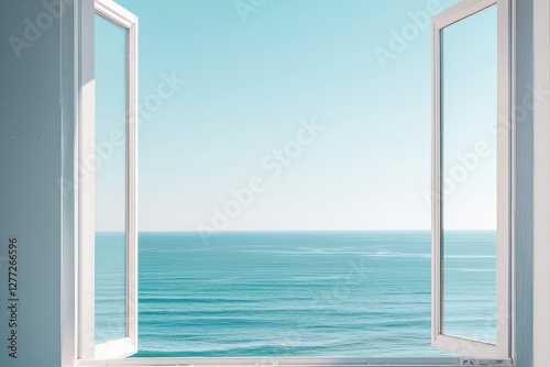 Open window overlooking the serene ocean view with clear blue sky on a sunny day