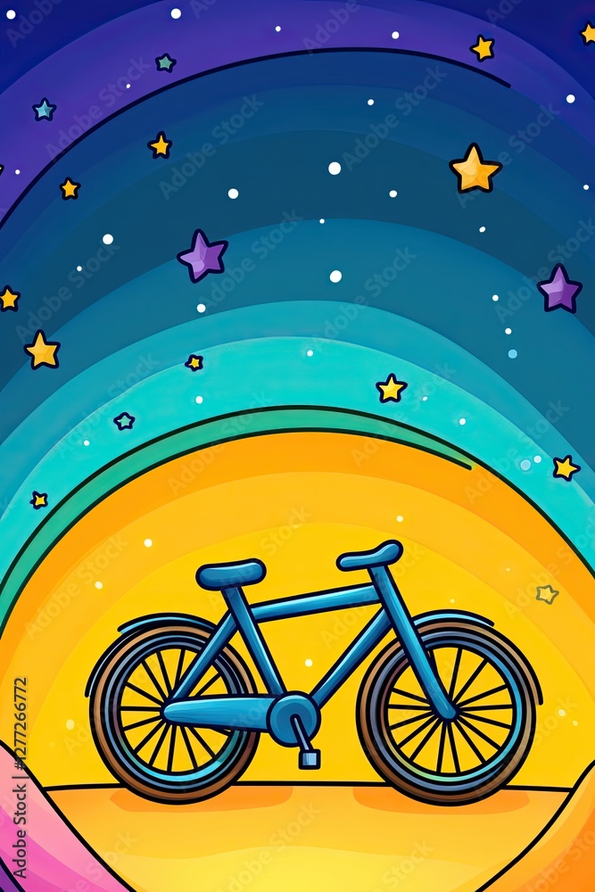 Fototapeta premium A blue bicycle sits in front of a stylized sunset and night sky.