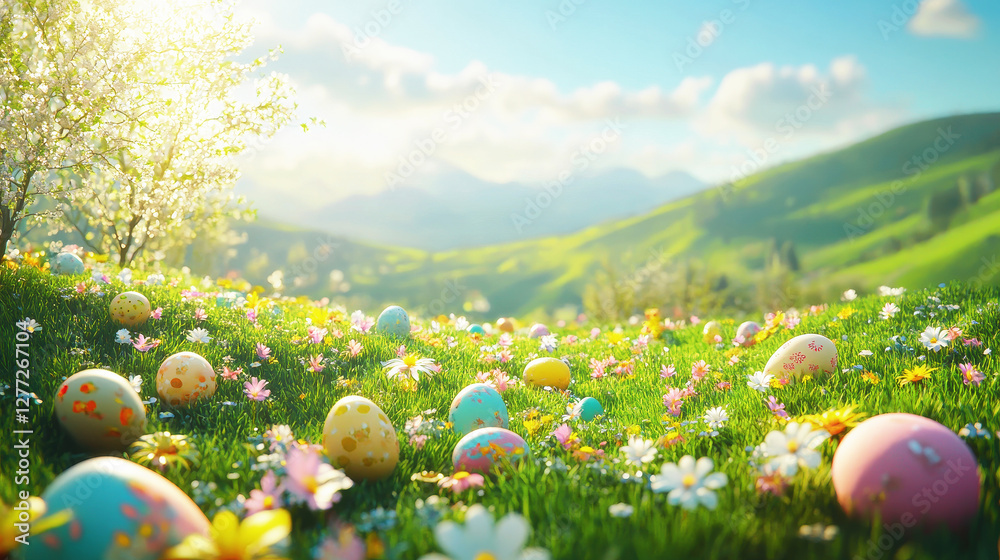 custom made wallpaper toronto digitalColorful Easter eggs among blooming flowers on a sunny hillside with mountains in the background during springtime