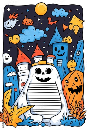 A cartoon ghost with a spooky smile sits in front of a haunted castle and pumpkins on a dark night with a full moon and stars.