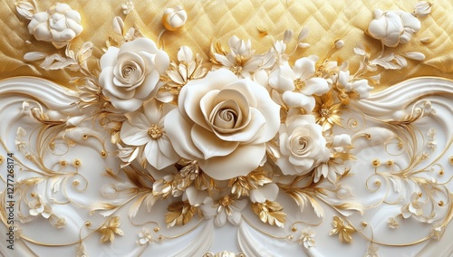 Ornate gold and white floral wall decor, quilted gold background