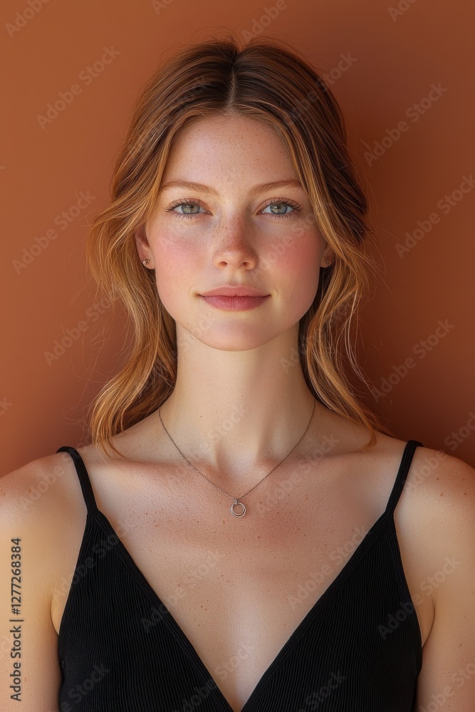 Young woman with flowing hair posing against a warm-toned background showcasing natural beauty and elegance Young woman with flowing hair posing against a warm-toned background showcasing natural beauty and elegance