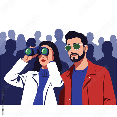 People Looking Through Binoculars in Crowd and Man with Sunglasses
