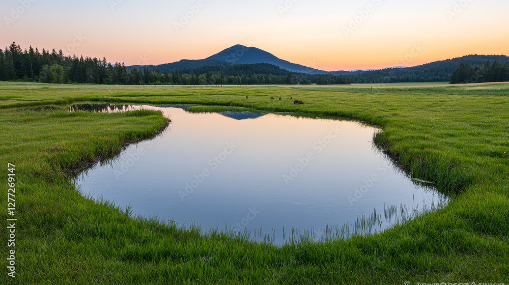 serene landscape with natural pond and distant mountain at sunset serene landscape with natural pond and distant mountain at sunset
