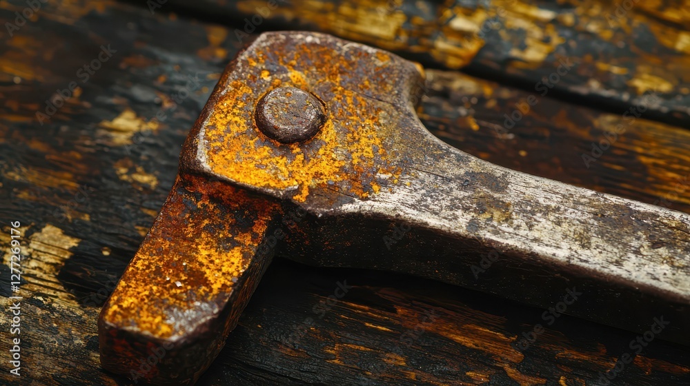 Close-Up of Rusty Wrench on Wooden Surface with Textured Details Close-Up of Rusty Wrench on Wooden Surface with Textured Details