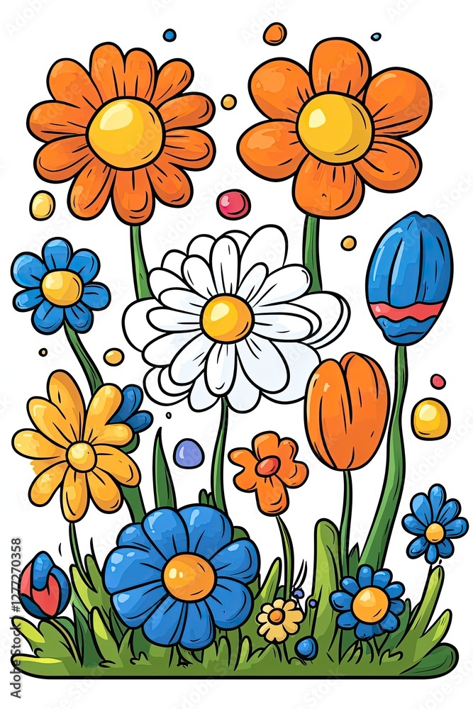 A cheerful illustration of a variety of colorful flowers in a field. A cheerful illustration of a variety of colorful flowers in a field.