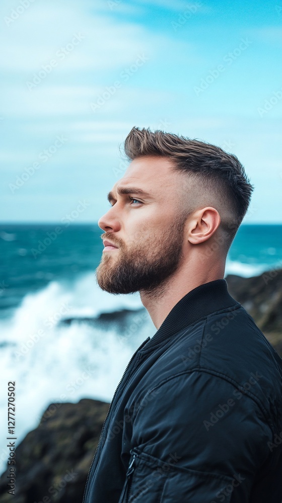 Man oceanside contemplation, waves crashing Man oceanside contemplation, waves crashing