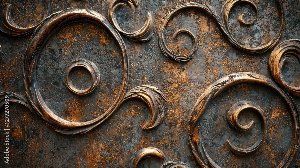 Ornate Metal Design with Spiral Patterns and Textured Background Ornate Metal Design with Spiral Patterns and Textured Background