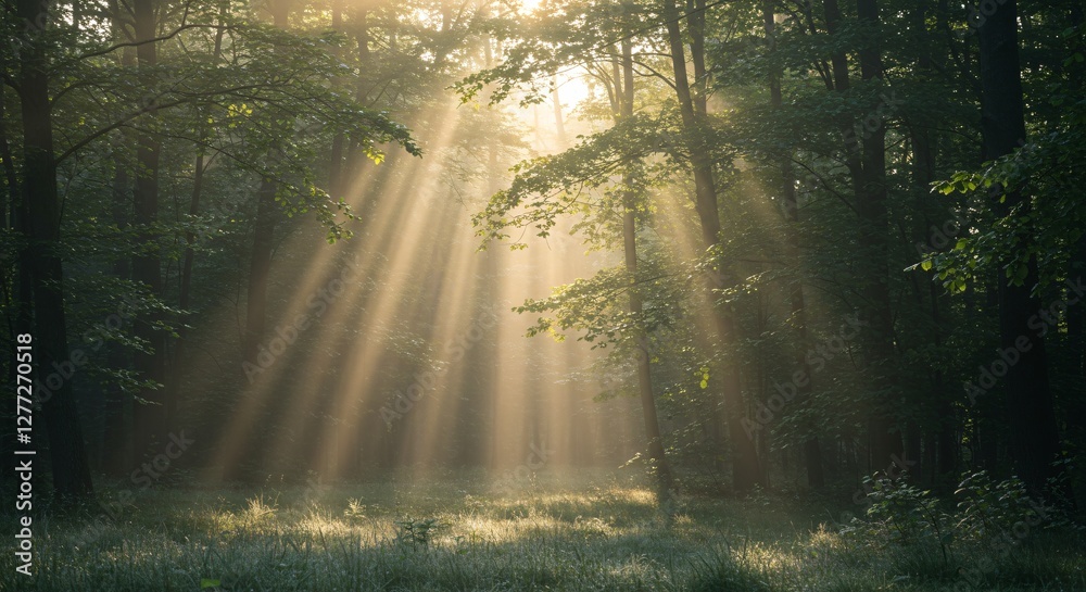 Fototapeta premium Peaceful forest with sun rays shining through the trees in early morning light