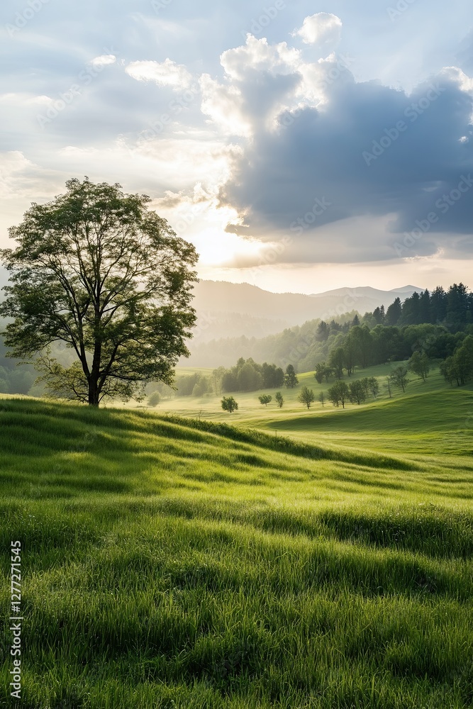 A lone tree stands in a lush green meadow under a partly cloudy sky. The warm sunlight casts long shadows over rolling hills, creating a serene and scenic landscape.
A lone tree stands in a lush green meadow under a partly cloudy sky. The warm sunlight casts long shadows over rolling hills, creating a serene and scenic landscape.