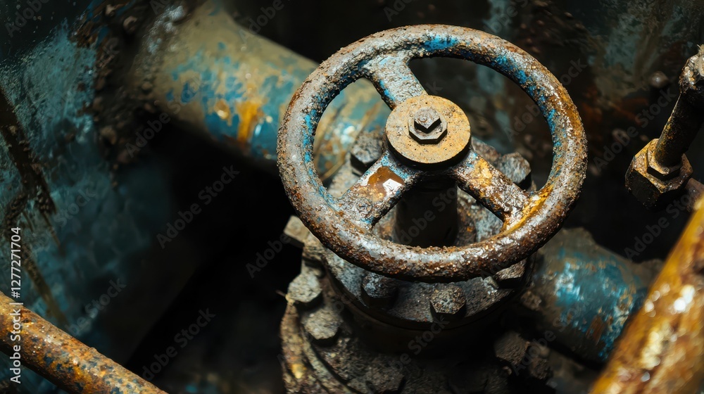 Rusty Valve and Pipes in Industrial Setting with Weathered Texture Rusty Valve and Pipes in Industrial Setting with Weathered Texture