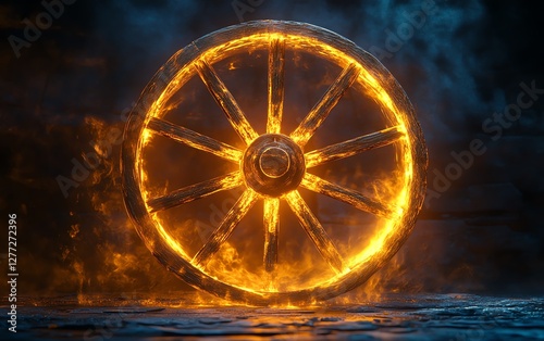 Dynamic splitscreen visualization of a rustic wooden cartwheel gradually transforming into a neonlit digital wheel, highcontrast textures, ultrarealistic materials, 4K resolution