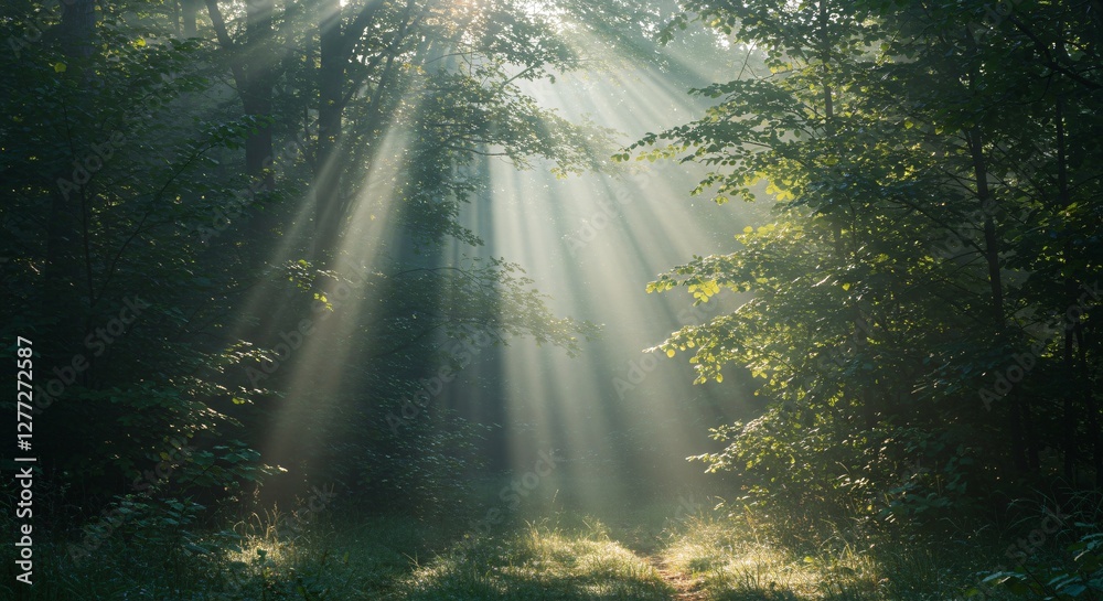 Fototapeta premium Peaceful forest with sun rays shining through the trees in early morning light