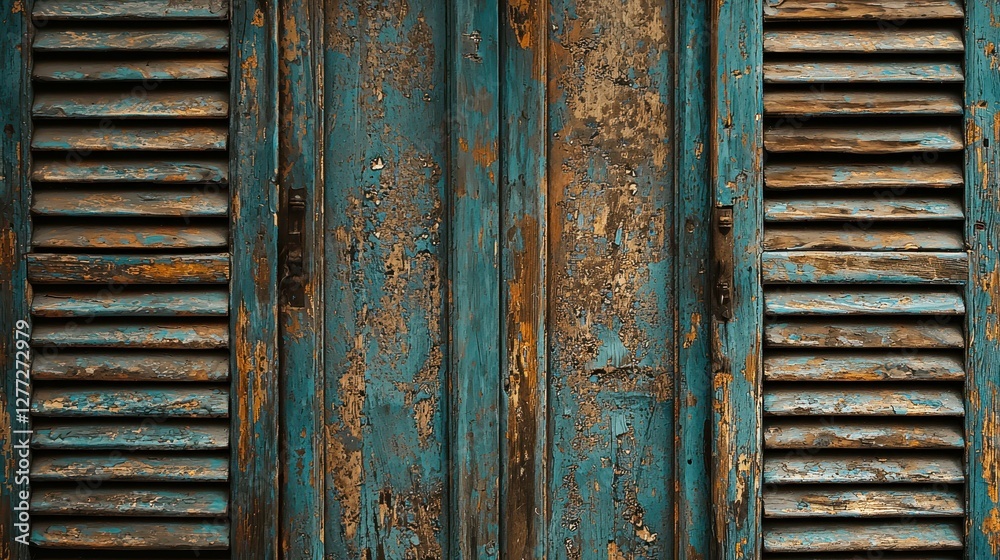 Rustic Blue Weathered Wooden Shutters with Flaking Paint Texture Rustic Blue Weathered Wooden Shutters with Flaking Paint Texture