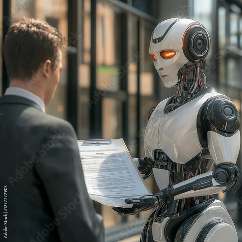Futuristic Robot Insurance Agent Holding a Contract – AI in Business