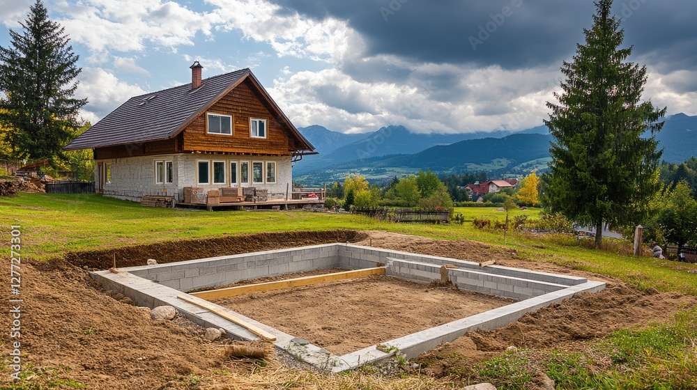 A foundation being laid for a home, ensuring structural stability and long-term durability A foundation being laid for a home, ensuring structural stability and long-term durability