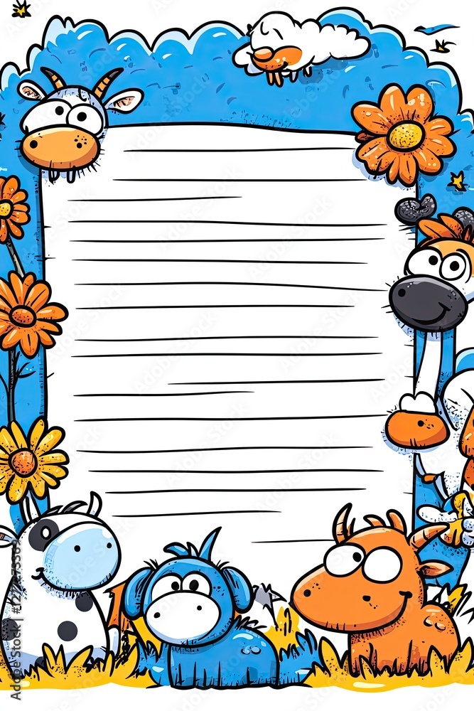 Naklejka premium A cute cartoon farm animals border with lined paper for kids' writing.