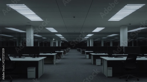 A corporate office space with empty desks, symbolic of mass layoffs,
