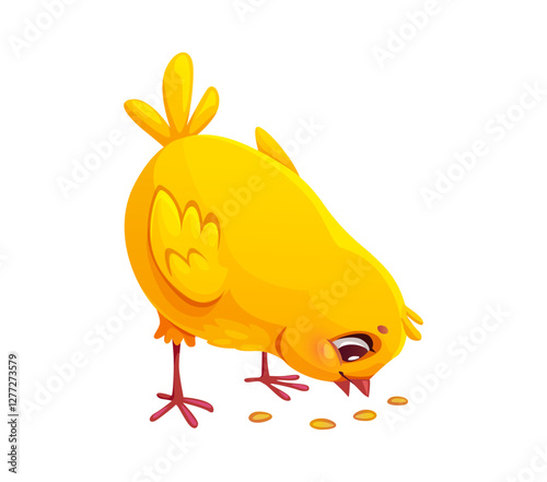 Cartoon chick funny character eating grain. Easter holiday little baby chicken cheerful character, spring newborn tiny chick bird or farm small hen animal cute comical vector personage pecking grains
