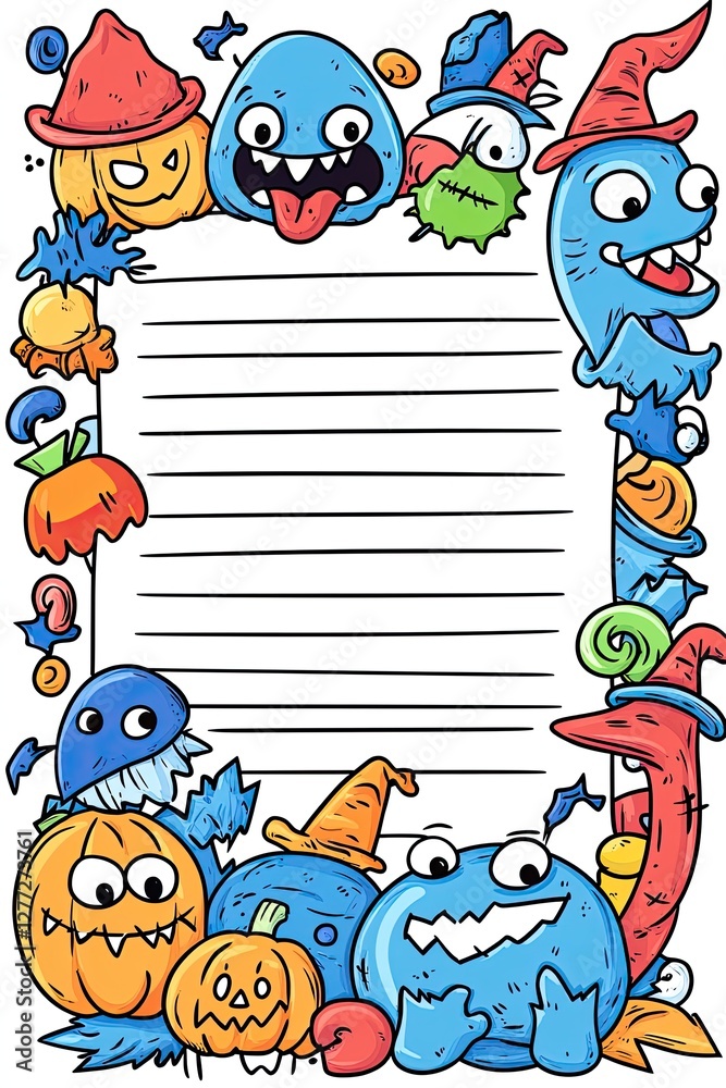 Fototapeta premium A cute Halloween-themed lined paper with monsters, pumpkins, and hats.