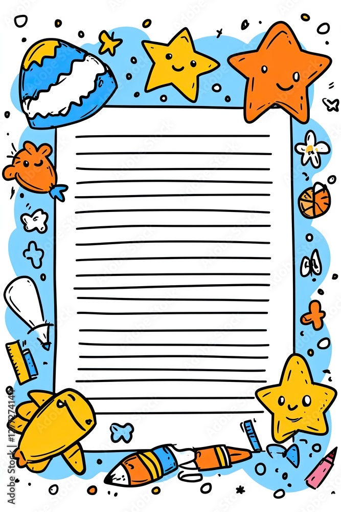 Fototapeta premium A cute, colorful, and whimsical lined paper background with stars, a rocket, and a pencil for a fun and creative writing experience.
