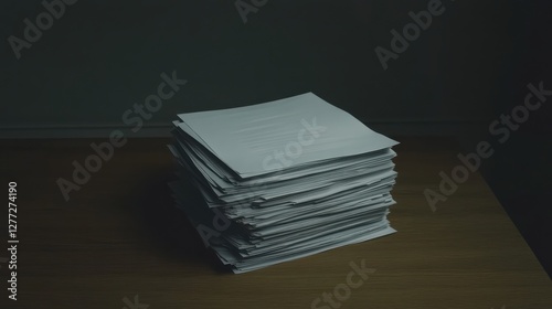 A stack of rejection letters on a wooden desk, dimly lit office,