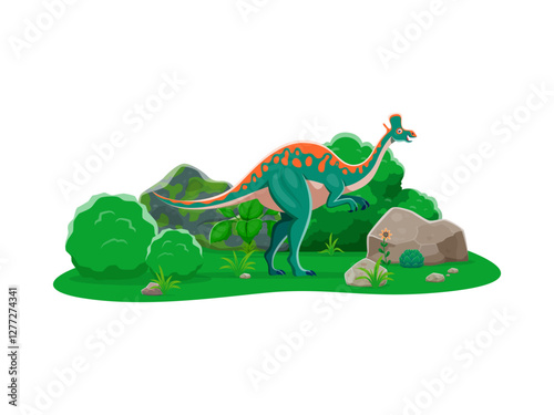 Cartoon Lambeosaurus dinosaur adorable character. Prehistoric reptile, paleontology lizard or Jurassic era animal isolated vector personage. Extinct Lambeosaurus dinosaur cute character in jungle