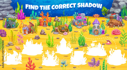 Find the correct shadow of underwater house buildings, kids game vector worksheet. Cartoon fairytale sea bottom town matching puzzle quiz with cute coral, amphora, tin can and boat underwater houses