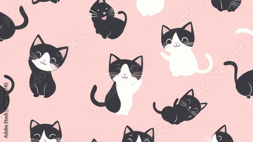 Playful Cat Pattern with Black and White Cats on Pink Background