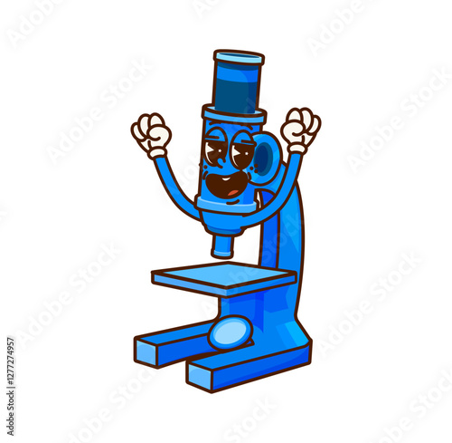 Cartoon groovy microscope school stationery character. Vector educational laboratory equipment retro y2k personage embodying spirit of learning and science, ready for scientific explorations and tasks
