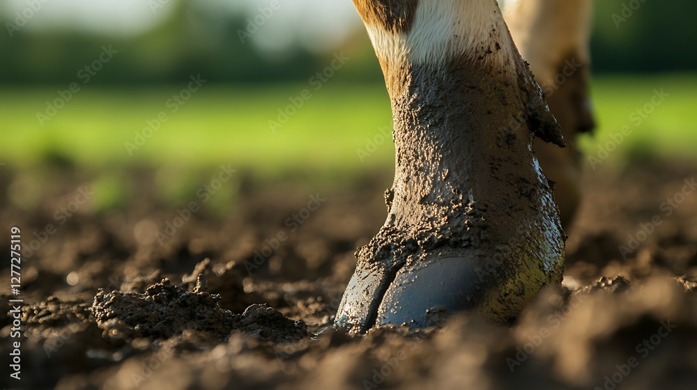 Naklejka premium Close-up of a muddy hoof of a farm animal on soft earth, capturing rural life and the bond of livestock with their environment