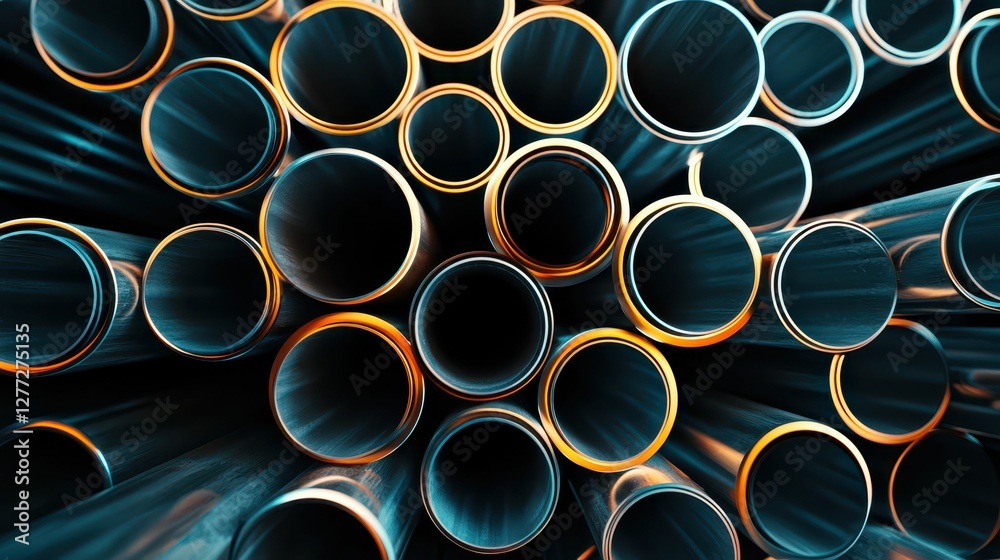 Close-up View of Metallic Pipes in Industrial Setting with Reflection Close-up View of Metallic Pipes in Industrial Setting with Reflection