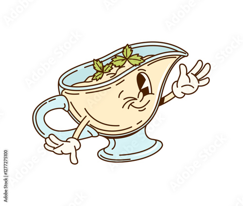 Cartoon groovy sauce character in creamer pitcher or jug bowl with funny face, vector emoji. Groovy cream sauce retro cartoon character with happy smile and winking for food dressing and cooking