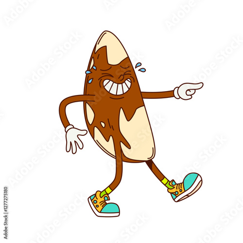 Groovy cartoon retro brazilian nut character. Healthy organic food snack groovy isolated vector mascot. Brazil nut funny personage or micronutrients source character laughing and pointing finger