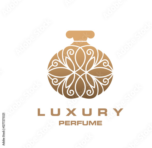 Luxury perfume emblem for premium fragrance brand with golden bottle, vector icon. Perfume bottle with golden line floral ornament for luxury brand sign or perfumery boutique and cosmetics store