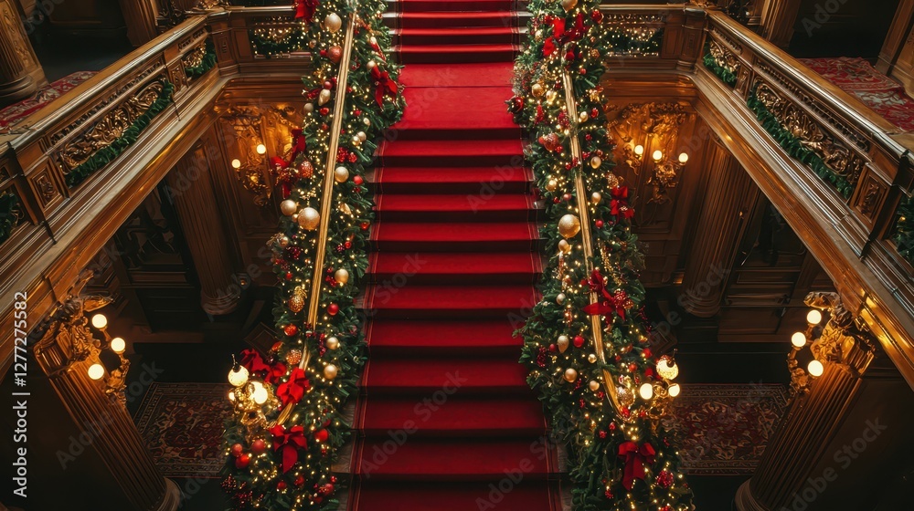 Fototapeta premium Elegant staircase decorated for Christmas with festive ornaments and lights