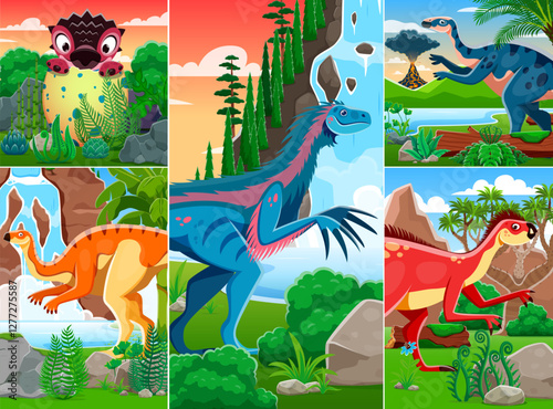 Prehistoric dinosaurs and baby dino characters collage, cartoon jurassic animals on vector nature landscape. Cute little dinosaur in egg and extinct dinos, prehistoric forest, volcano and waterfall photo