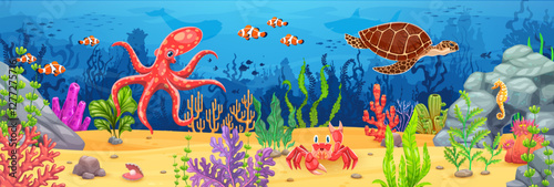 Underwater landscape with sea animals and seaweeds at coral reef bottom vector background. Cartoon funny octopus, crab and sea turtle, tropical fish and seahorse characters at underwater landscape