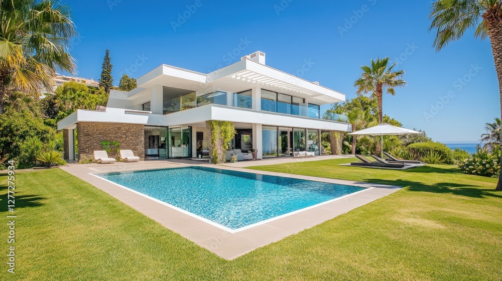 Fototapeta premium A modern villa with a spacious open-plan design, built to ISO standards