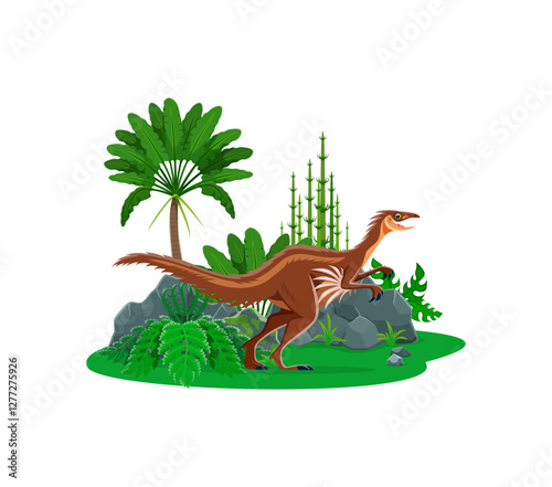 Cartoon troodon dinosaur character. Jurassic era reptile funny personage, extinct animal or prehistoric dinosaur vector character. Paleontology lizard, Jurassic era forest palm tree, fern and rocks