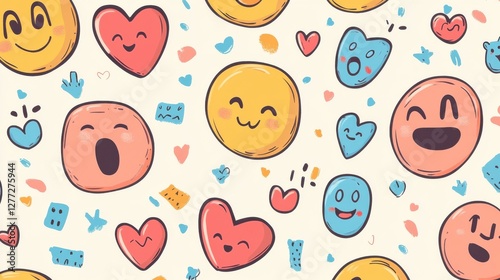 Wallpaper Mural Colorful Pattern of Hand-Drawn Smiley Faces and Hearts on Beige Background Torontodigital.ca