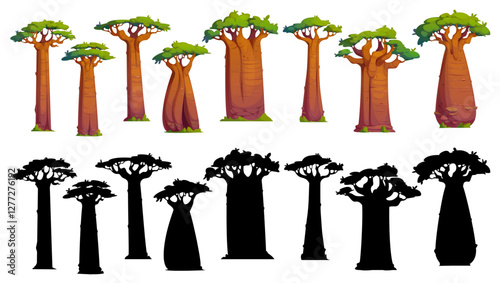 Cartoon baobab trees and silhouettes of Madagascar forest, Africa savanna and Australia desert plants. Vector giant baobabs and adansonias, isolated black silhouettes of bottle trunk trees