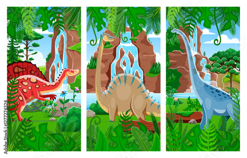 Prehistoric dinosaurs vector collage with cartoon dino animals characters and jurassic nature landscape background. Funny diplodocus, titanosauria and ouranosaurus. Prehistoric extinct dinos collage