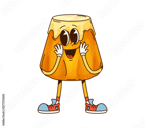 Funny groovy pudding cake dessert character with happy face, vector pastry emoji. Groovy pudding or jelly cake with kawaii shy smile for pastry or patisserie sweet dessert cartoon character