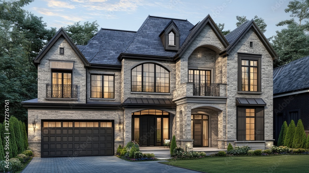 A realistic D visualization of a luxury home exterior, allowing for environmental adjustments A realistic D visualization of a luxury home exterior, allowing for environmental adjustments