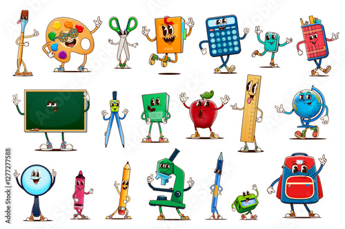 School stationery and education funny groovy characters, vector back to school retro personages. Cartoon pencil, book and pen, student bag, globe and ruler. Groovy scissors, paint and brush characters