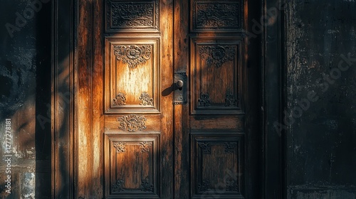 Wallpaper Mural Ornate Wooden Door with Intricate Designs and Soft Shadow Play Torontodigital.ca