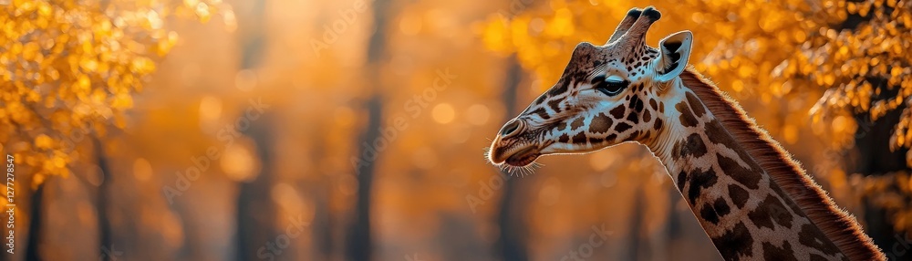 Fototapeta premium Giraffe in a forest during autumn sunset light.