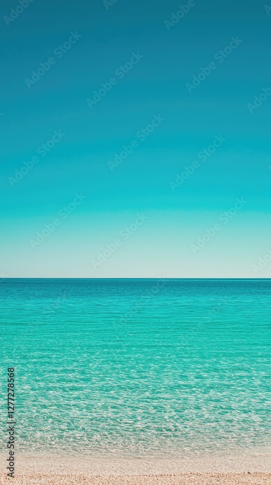 Calm ocean beach scene, clear turquoise water, sandy shore, perfect for relaxation and travel posters Calm ocean beach scene, clear turquoise water, sandy shore, perfect for relaxation and travel posters